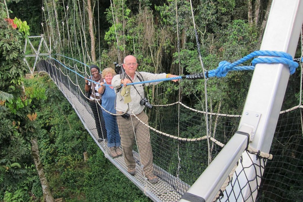 Two white tourists walking on the Nyungwe Canopy Walk in Nyungwe Forest National Park, Rwanda – a popular adventure in Nyungwe National Park offering stunning views of the rainforest.